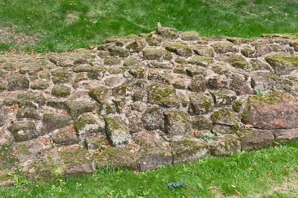 Moss-covered stone foundations at the Aldborough Roman Site, set in grass.