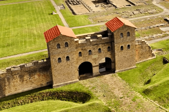 Aerial view of the reconstructed West Gate at Arbeia Roman Fort in South Shields, England