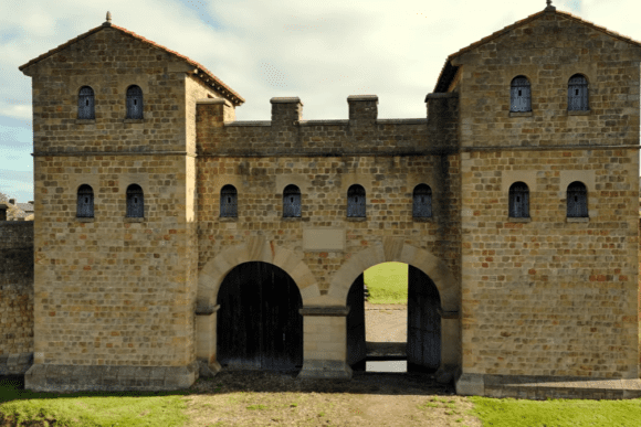Front view of the reconstructed West Gate at Arbeia Roman Fort in South Shields, England