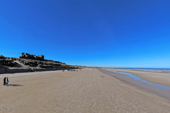 Panoramic view of Bamburgh Beach with expansive golden sands, shallow tidal pools, and Bamburgh Castle overlooking the Northumberland coastline under a cloudless blue sky.