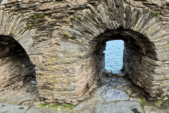 Stone gun port archway at Bayard’s Cove Fort overlooking the River Dart in Dartmouth, Devon