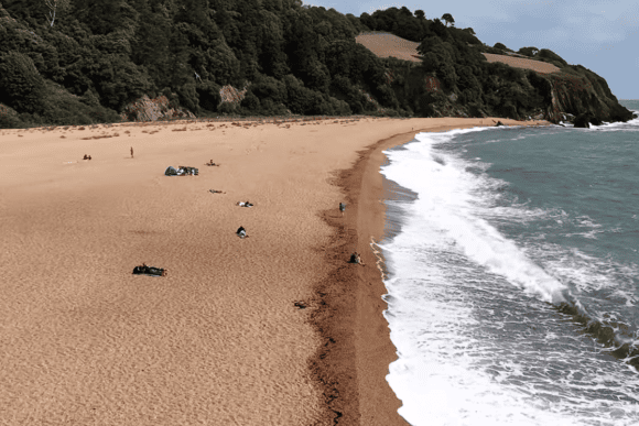 Wide view of Blackpool Sands in Devon with gentle waves washing onto the golden beach, backed by wooded cliffs and rolling countryside along the South Devon coast.