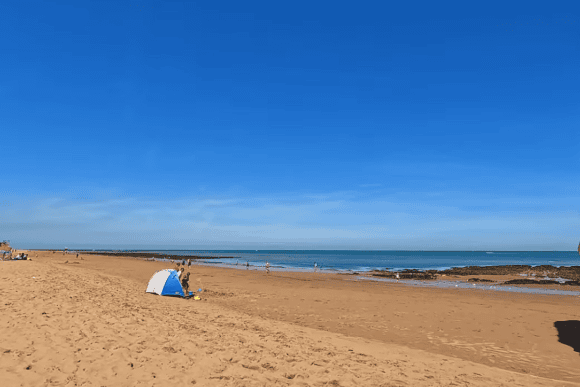 Sunny view of Botany Bay in Broadstairs, Kent, featuring a wide golden sandy beach, clear blue sea, and dramatic white chalk cliffs on a bright summer day.