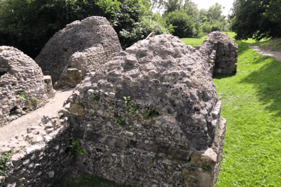 Ruins of Bramber Castle showing thick flint-stone walls with a textured, weathered surface, small plants growing from the stone, a narrow earthen walkway along the top, green grass surrounding the structure, and dense trees and foliage in the background under daylight.