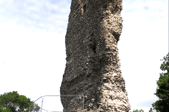 A tall surviving stone wall of Bramber Castle ruins rising from a grassy hill, with rough flint and rubble texture, small patches of greenery growing on the stones, trees in the background, and a partly cloudy sky behind the structure.