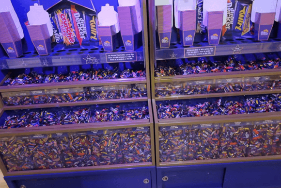 Cadbury chocolate pick and mix display at Cadbury World featuring Dairy Milk, Twirl, Crunchie and other popular Cadbury treats.