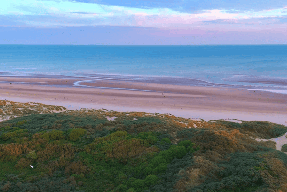 Aerial view of Camber Sands featuring sweeping golden sand dunes, wide sandy beach, shallow tidal channels, and the English Channel under a colorful evening sky in East Sussex.