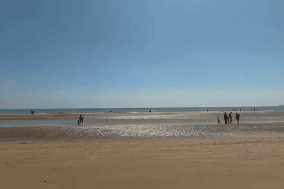 Camber Sands Beach at low tide with vast golden sands, shallow tidal pools, and visitors enjoying the peaceful shoreline beneath a clear blue sky in East Sussex.