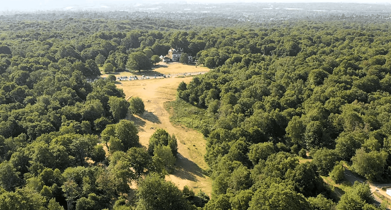 Aerial view of Epping Forest at High Beach, Essex, featuring ancient woodland, open heathland, and High Beach Visitor Centre surrounded by dense forest.