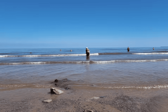 Visitors wading in the shallow waters of Filey Beach, North Yorkshire, with gentle waves, a wide sandy shoreline, and calm sea beneath a clear blue summer sky.