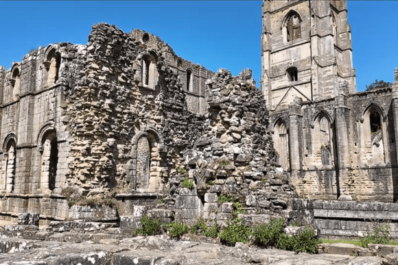 Stone ruins of Fountains Abbey with arched windows and a tall tower against a clear blue sky.