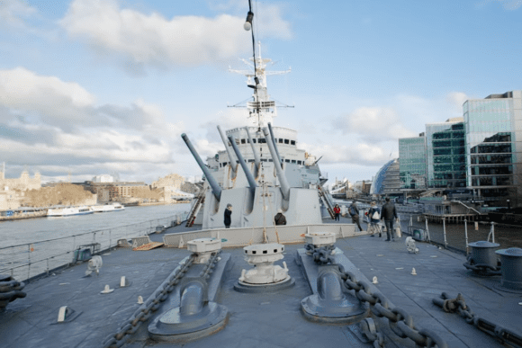 Visitors walking on the deck of HMS Belfast with large naval guns facing forward on the River Thames.
