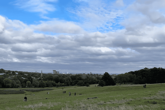 Panoramic view across Hampstead Heath in London, showing open grassland, scattered walkers, mature woodland, and distant city skyline beneath dramatic clouds.