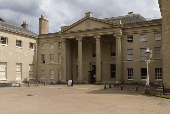 Kenwood House entrance with classical columns in Hampstead Heath, London.