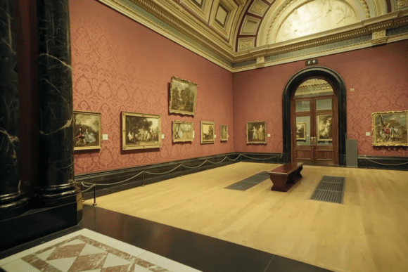 Gallery room in the National Gallery with red walls, framed paintings, and a central bench.
