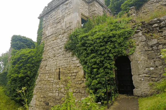 Pickering Castle stone tower with ivy-covered walls and arched entrance.
