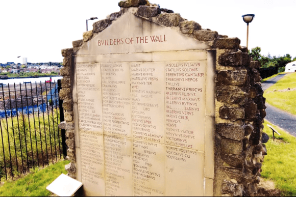 Builders of the Wall memorial inscription at Segedunum Roman Fort, listing Roman names near Hadrian’s Wall in North Tyneside.