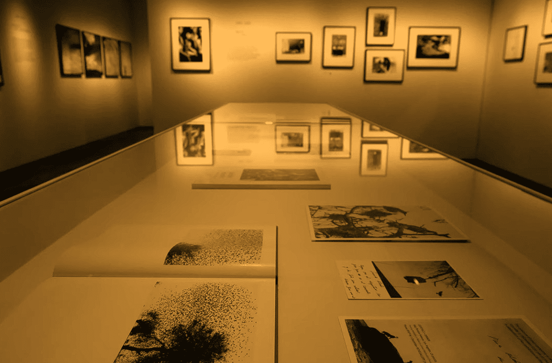 Exhibition space inside The Photographers’ Gallery in London featuring framed photographic artworks, documentary prints, and archival materials displayed in a glass showcase under gallery lighting.