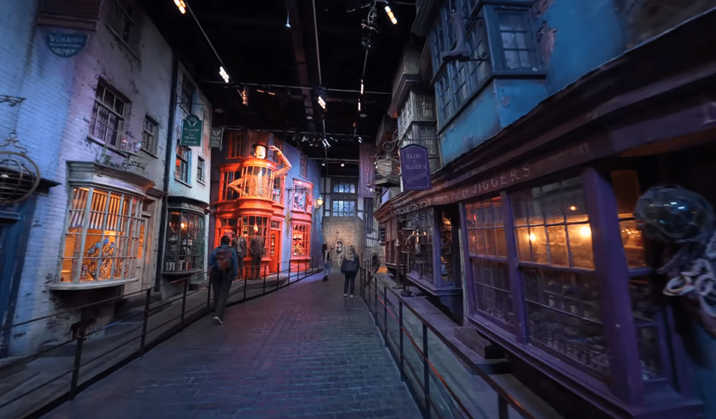 Diagon Alley set at Warner Bros. Studio Tour London – The Making of Harry Potter, featuring iconic wizarding shopfronts, cobbled streets, and immersive film set details from the Harry Potter movies.