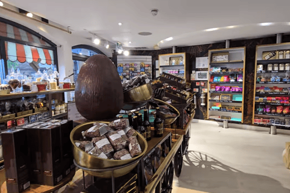 York’s Chocolate Story gift shop featuring a large chocolate egg display, artisan chocolates, chocolate gifts and York confectionery souvenirs.