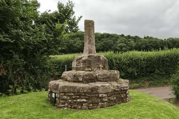 Stone Butter Cross monument at Dunster, standing on a stepped circular base in a grassy village setting.