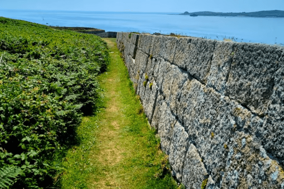 Narrow grassy path running alongside a stone garrison wall with dense greenery on one side and the sea visible beyond.