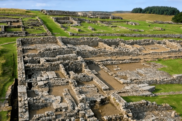 Stone foundations of buildings at Housesteads Roman Fort along Hadrian’s Wall in Northumberland.