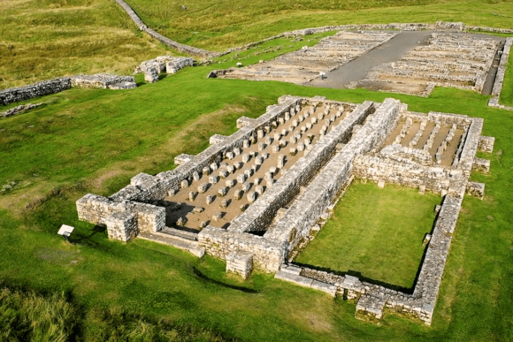 Aerial view of the ruins of Housesteads Roman Fort beside Hadrian’s Wall in Northumberland.