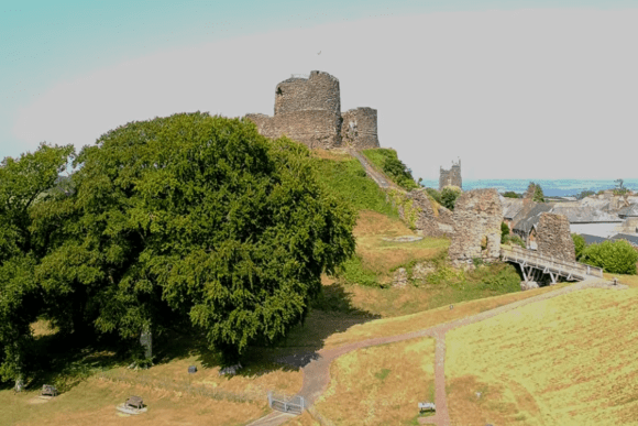 Launceston Castle on a hill with a large tree in the foreground and stone ruins leading up to the round keep.