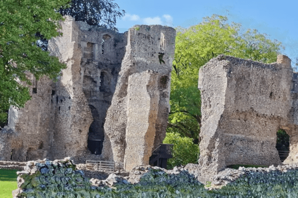 Ruins of Bishop’s Waltham Palace showing stone walls and arched openings among green trees.